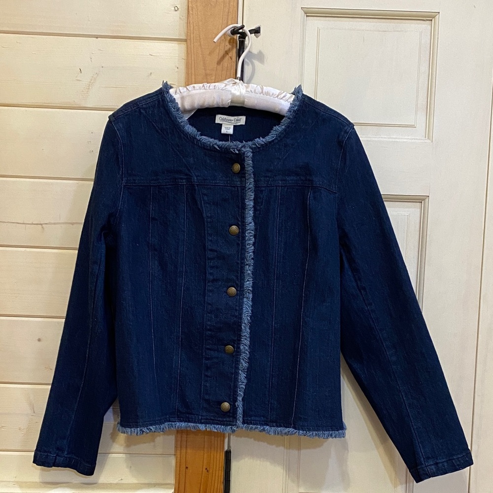 Coldwater Creek Dark Indigo Jean Jacket with Frayed Trim